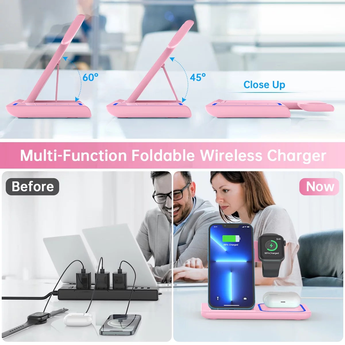 Wireless Charger, 18W 3 in 1 Wireless Charging Station for Iphone 17 16E 15 14 13 12 Pro, Fast Charger Stand for Iwatch SE 9-11 6-8 2-5, Airpods 4/3/2/Pro, Samsung Galaxy Seires (Pink)
