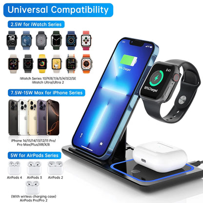 Wireless Charger, 18W Fast Iphone Charging Station Compatible for Iphone 17/16/15/14/13/12/11/Pro Max/Plus, 3 in 1 Wireless Charger Stand for Iwatch SE 11/10/9/8/7/6/5/4, Airpods Pro 2/3/4