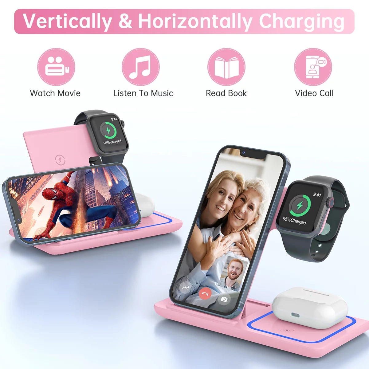 Wireless Charger, 18W 3 in 1 Wireless Charging Station for Iphone 17 16E 15 14 13 12 Pro, Fast Charger Stand for Iwatch SE 9-11 6-8 2-5, Airpods 4/3/2/Pro, Samsung Galaxy Seires (Pink)