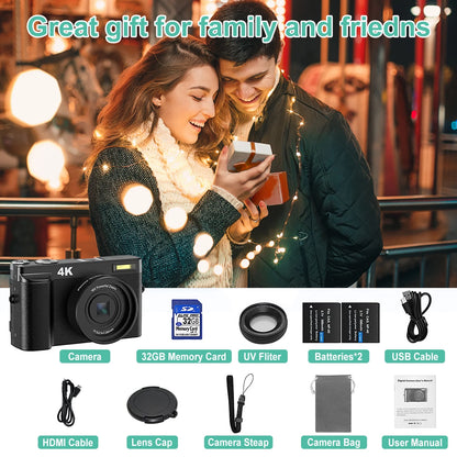 Vlogging Camera 4K Digital Cameras 48MP for Photography Autofocus 16X Digital Zoom for Youtube with 32GB Card